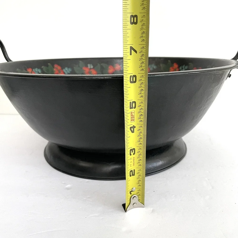 Vintage Hand Painted Toleware Metal Bowl Strawberry Blueberry Footed Basin 14.5